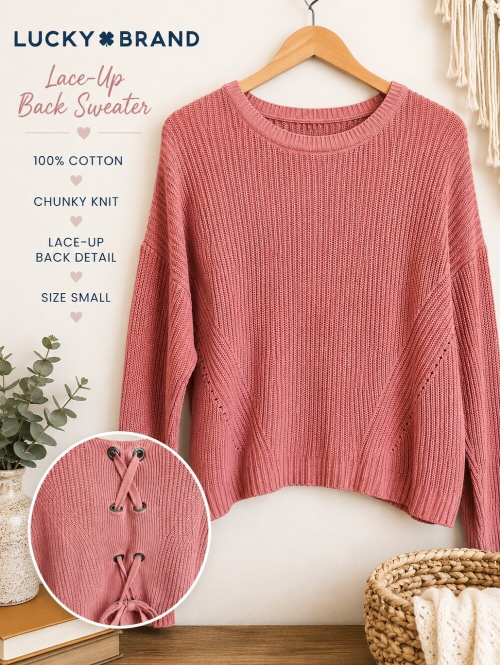 Lucky Brand Dusty Muted Coral Lace-Up Back Crewneck Sweater